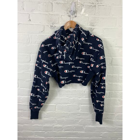 Champion Womens Reverse Weave Logo Print Cropped Sweater Long Sleeve Blue Size S - Picture 2 of 5